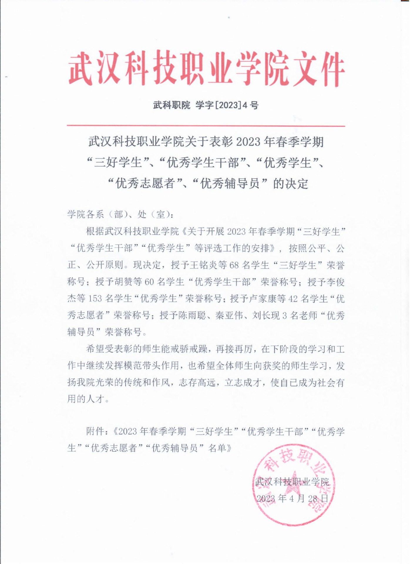 关于表彰冰球官网2023年春季学期“三好学生”、“优秀学生干部”、“优秀学生”、“优秀志愿者”、“优秀辅导员”的决定