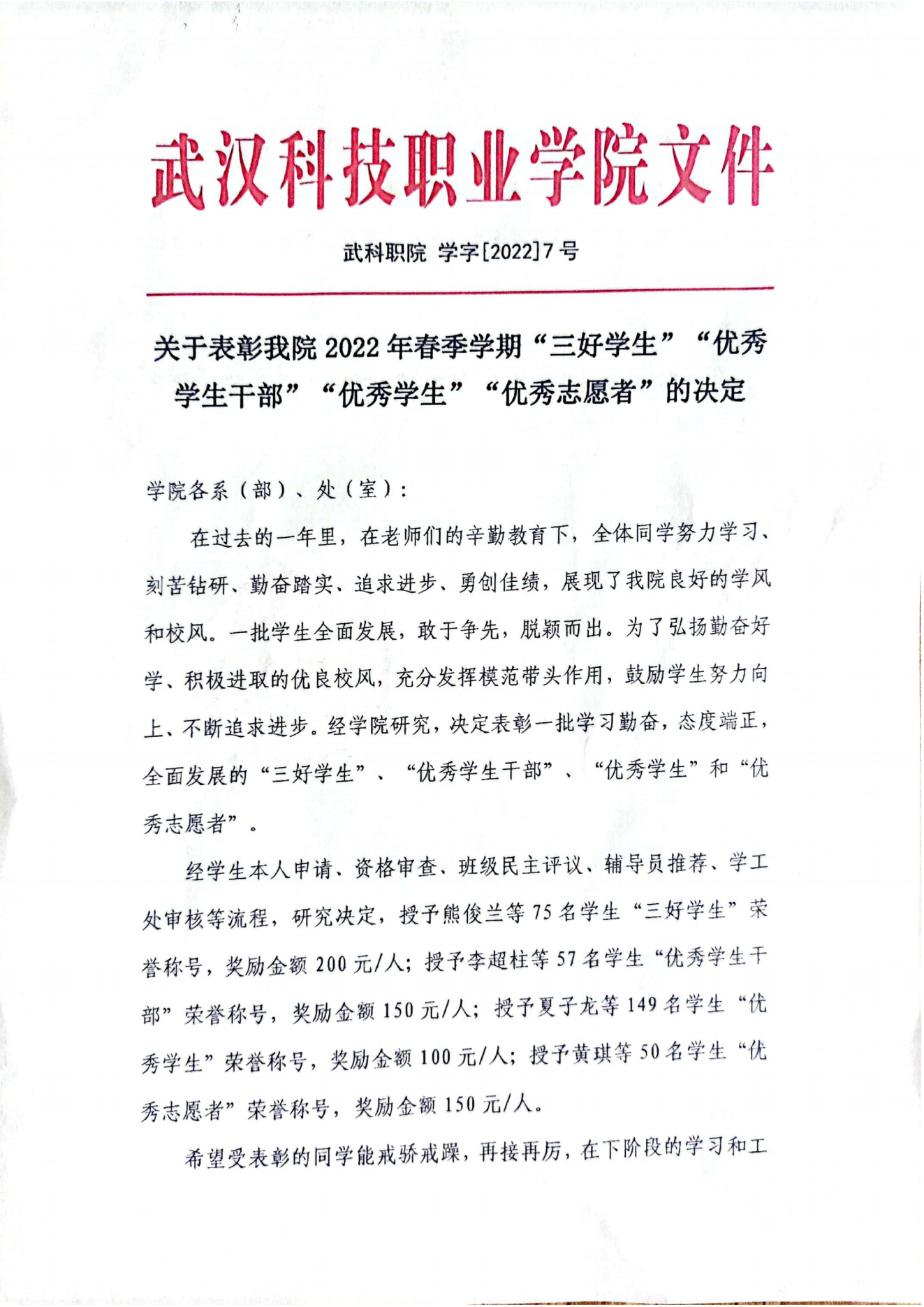 关于表彰冰球官网2022年春季学期“三好学生”“优秀学生干部”“优秀学生”“优秀志愿者”的决定
